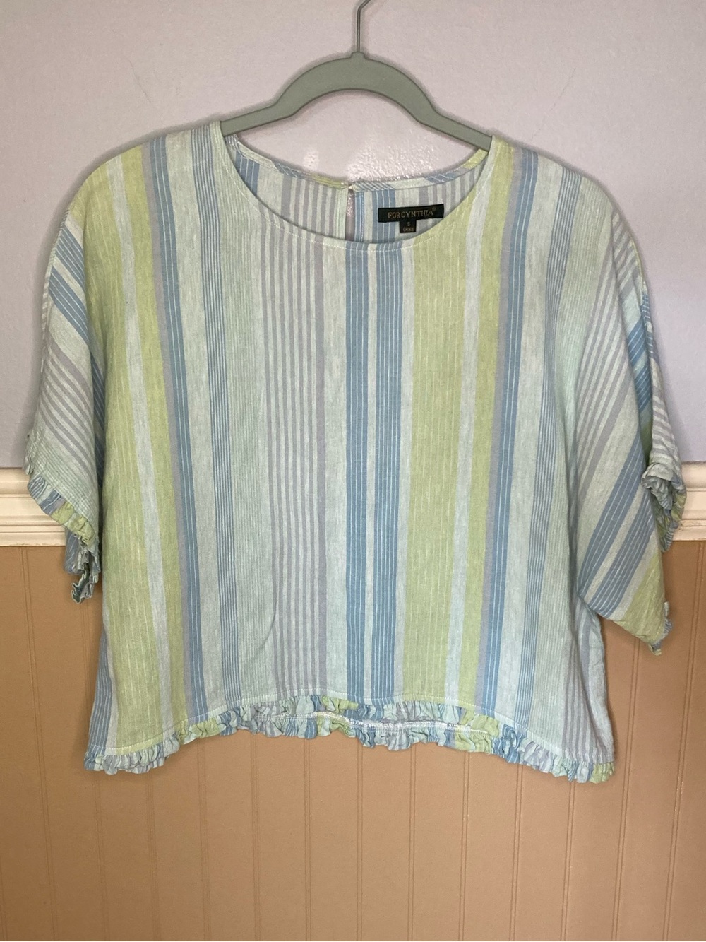 For Cynthia Striped Linen Cotton Blend Top | Blue Green Pastel | Small